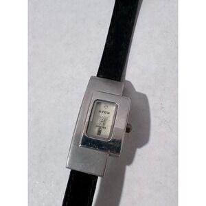 Vintage Avon Ladies Wristwatch Rectangular Silver Tone Black Strap – Untested